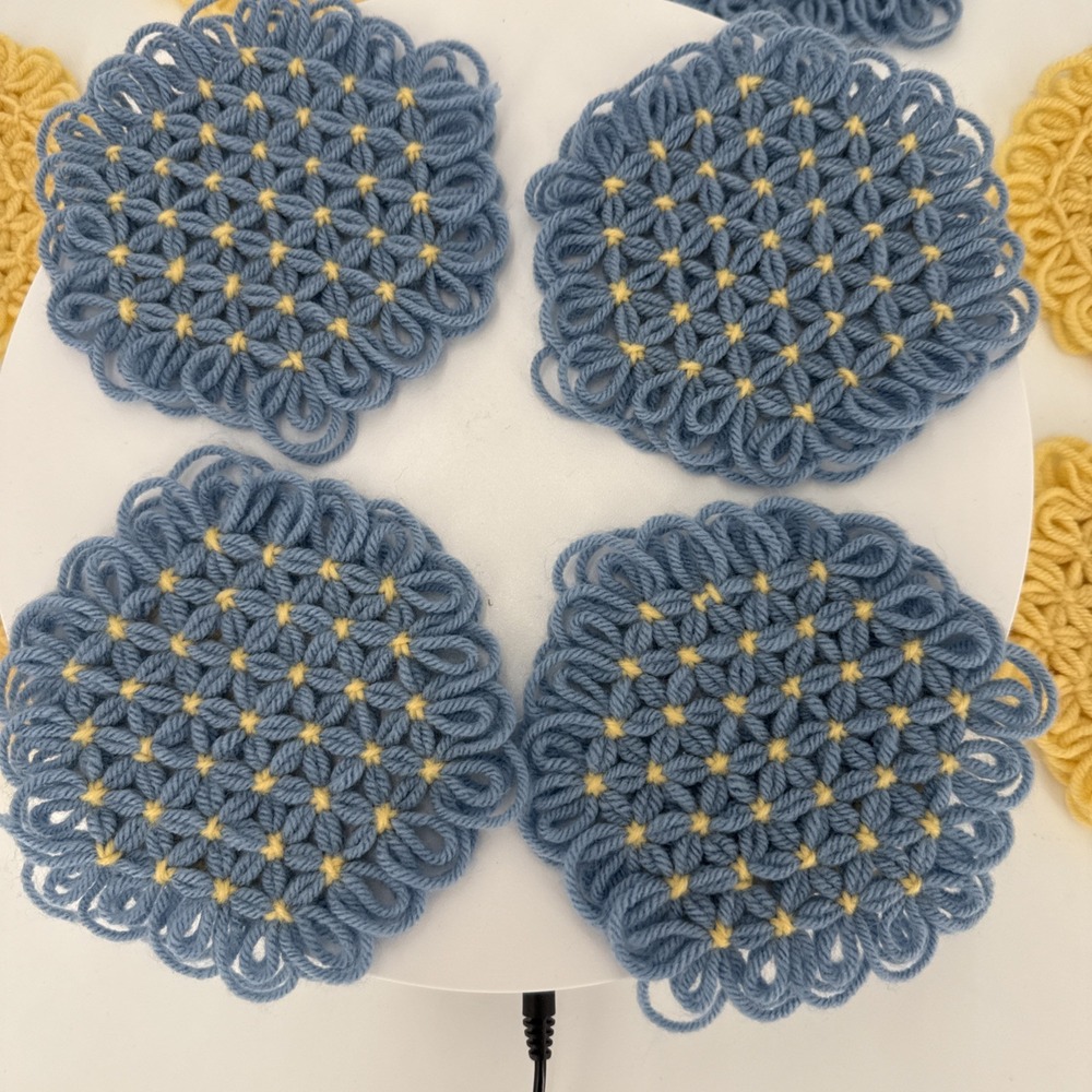 Vtg Handmade Loom Crochet Coasters-4 Blue/Yellow-1‎ Blue-4 Yellow-1 Yellow/White